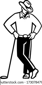 Illustration of a cowboy golfer wearing a hat leaning on golf club viewed from front on isolated background done in black and white in retro style.
