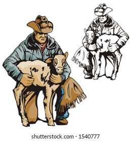 Illustration of a cowboy holding a calf.