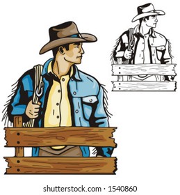 Illustration of a cowboy holding a rope at the stable.