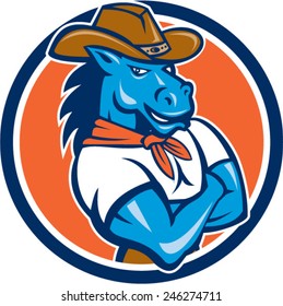 Illustration of a cowboy horse standing with hat arms crossed set inside circle on isolated background done in cartoon style. 