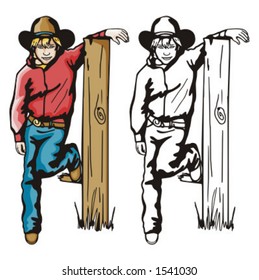 Illustration of a cowboy kid resting on a broken fence.