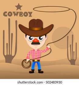 Illustration of a cowboy with lasso. Cheerful cowboy twists rope, abstract background. Flat style vector illustration