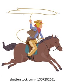 Illustration of a Cowboy Man Riding a Horse and Throwing a Lasso