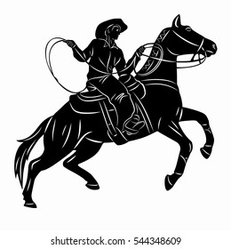 illustration of a cowboy on horseback . black and white drawing, white background