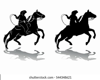 illustration of a cowboy on horseback . black and white drawing, white background