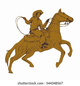 illustration of a cowboy on horseback . cartoon pixel image, white background