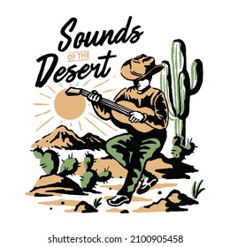 an illustration of cowboy playing guitar in a desert
