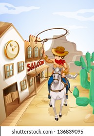 Illustration of a cowboy riding in a horse holding a rope