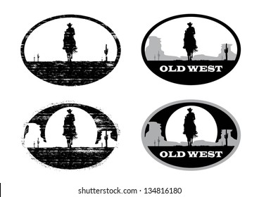 Illustration of cowboy riding horse labels, vector