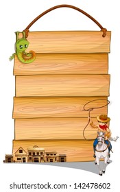 Illustration of a cowboy riding a horse, saloon bars and lizard in front of a wooden hanging board on a white background