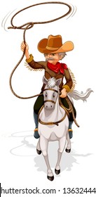 Illustration of a cowboy riding a horse while holding a rope on a white background