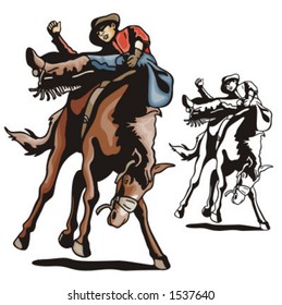 Illustration of a cowboy riding a saddled horse.