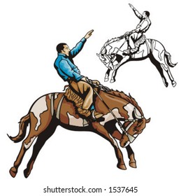 Illustration of a cowboy riding a saddled horse.