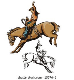 Illustration of a cowboy riding a saddled horse.