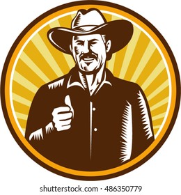 Illustration of a cowboy smiling wearing hat thumbs up facing front set inside circle with sunburst in the background done in retro woodcut style. 