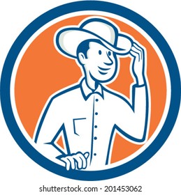 Illustration of a cowboy tipping touching hat set inside circle on isolated background done in cartoon style. 