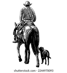 illustration of cowboy walking with his dog