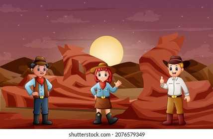 Illustration of the cowboys and a cowgirl at the desert