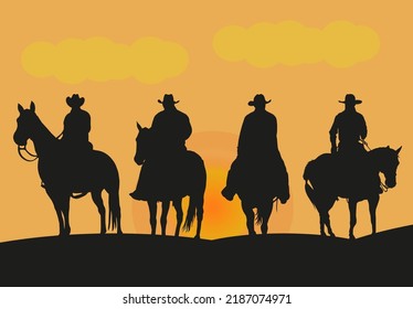 Illustration of cowboys riding at sunset. Silhouette of cowboy couples riding horses at sunset.