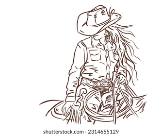 Illustration of cowgirl in hat vector for card, decoration, illustration