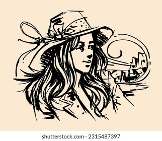 Illustration of cowgirl in hat vector for card, decoration, illustration
