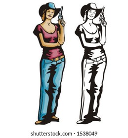 Illustration of a cowgirl holding a revolver.