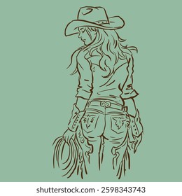 Illustration of cowgirl with lasso vector for illustration, card, decoration