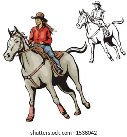 Illustration Of A Cowgirl Riding A Horse.