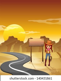 Illustration of a cowgirl standing beside an empty wooden signboard along the road