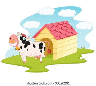 Illustration of cows the house