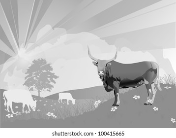 ilustración con vacas en campo floral