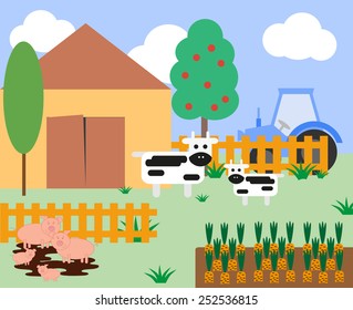 Illustration of cows and pigs at the farm with a barn and fence. Vector illustration.