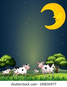 Illustration of the cows under the sleeping moon