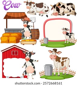 Illustration of cows in various farm settings