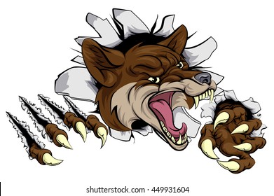 An Illustration Of A Coyote Animal Sports Mascot Cartoon Character Clawing Through Background