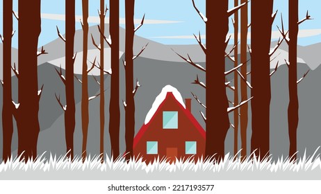 Illustration of cozy cabin in the middle of the forest with mountains in the background. Winter season in mountainous area.