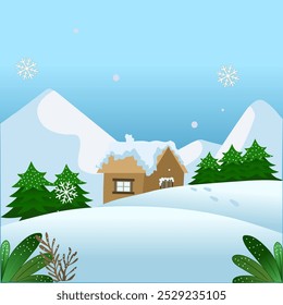 illustration of a cozy cabin on a snow covered hill, surrounded by pine trees and snowy mountains, with snowflakes gently falling from the sky on a bright, peaceful winter day.