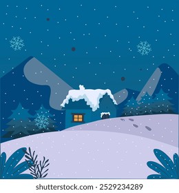illustration of a cozy cabin in a snowy landscape with trees and mountains under a dark sky filled with falling snowflakes. The scene evokes a calm, wintery night in a rural, serene setting.