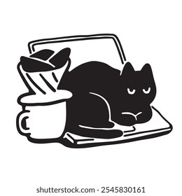 Illustration einer gemütlichen Katze mit einer Tasse und Keramik Tropf Kaffeefilter, Wärme und Entspannung in einem skurrilen Design. Perfekt für Kaffeeliebhaber, Katzenliebhaber, Aufkleber, Prints und Bekleidung.