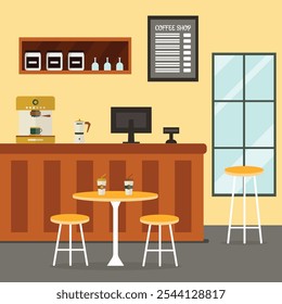 Illustration eines gemütlichen Coffee Shop Interieur mit einer Theke mit einer Kaffeemaschine, eine Moka-Topf, und Regale mit Kaffee-Vorräten. An der Wand hängt eine Tafel mit einem runden Tisch