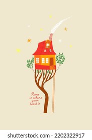 Illustration with cozy fairytale tree house. Greeting card, poster or nursery design.
