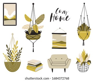 Illustration of a cozy home. A cute illustration with an armchair and indoor plants in pots on the ropes. Wall paintings, panels, a stack of books. Flat vector illustration on a white background