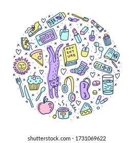 Illustration of cozy home objects. Colorful doodles of cat, book, food, phone, makeup etc. Pastel color palette. Round shape isolated on white background.