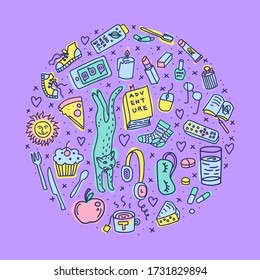 Illustration of cozy home objects. Colorful doodles of cat, book, food, phone, makeup etc. Round shape isolated on purple background.