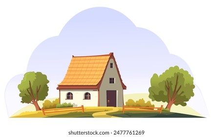 Illustration of a cozy house with a tiled roof, surrounded by trees and a fence, set against a light blue sky background. Cute summer rural landscape. Vector illustration