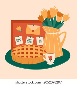 Illustration Of Cozy Kitchen. Jug With Flowers, Pie, Tea Cup, Cork Board For Notes And Letters On Green Tablecloth. Colorful Clipart About Sweet Home Or Cozy Cafe.