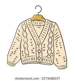 Illustration of a cozy knitted cardigan with cable patterns and buttons, hanging on a wooden hanger, ideal for fashion or winter designs. Vector doodle illustration isolated on white background