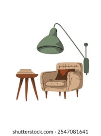 Illustration of a cozy reading nook with an armchair, floor lamp, and small side table in a minimalist style