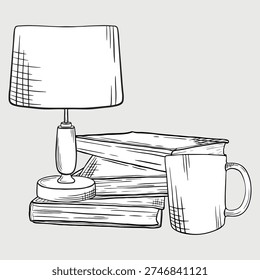 Illustration of a cozy reading nook scene featuring a table lamp with a stack of books and a coffee mug on a neutral background