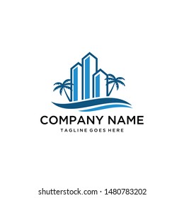 Illustration the cozy real estate hotel stand in near a beautiful beach logo design